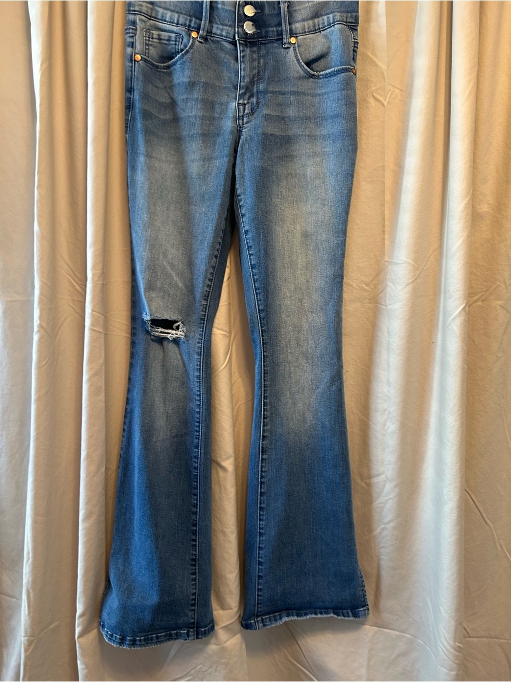 Mid Blue Flare Jeans with Distressed Knee - Flattering High-Rise Style